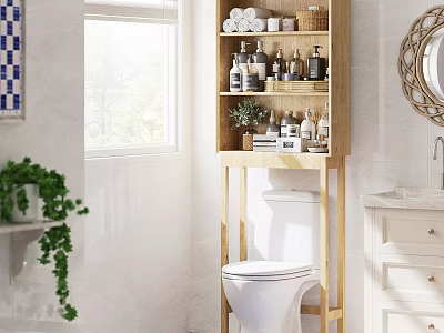 Bright Modern Bathroom Interior With Wooden Shelf Toiletries Green Plant Window and Sink 3d model