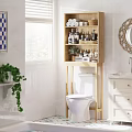 Bright Modern Bathroom Interior With Wooden Shelf Toiletries Green Plant Window and Sink