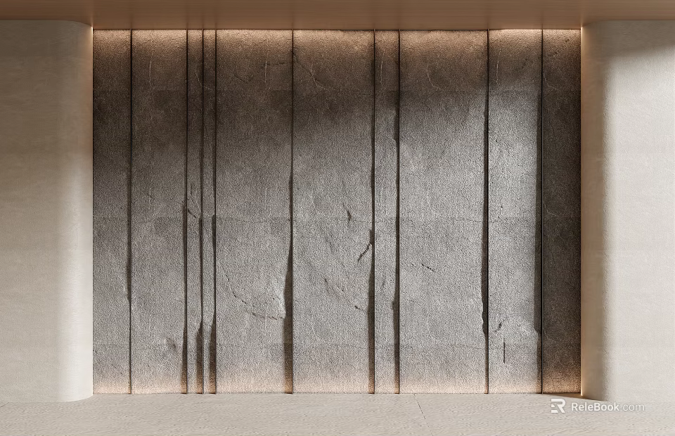 Gray Stone Sculptural Wall with Vertical Carved Texture and Ambient Lighting 3d model 