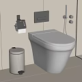 Modern Wall Mounted White Toilet In Bathroom With Trash Can And Toilet Paper Holder