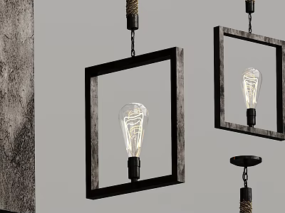 Industrial Square Frame Pendant Light With Clear Filament Bulb For Interior Decor 3d model