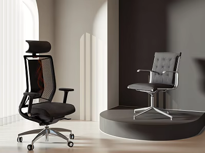 Modern Office Chairs With Mesh Back Headrest And Gray Armrests In Minimalist Interior 3d model