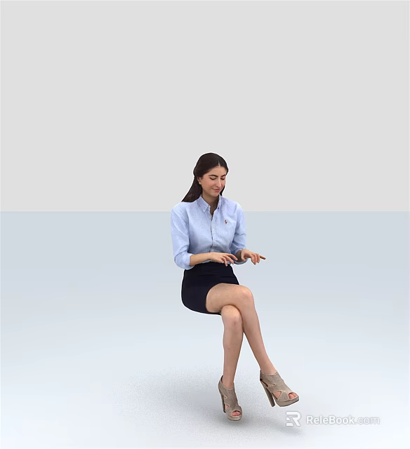 Woman Sitting On Chair Using Smartphone In Light Blue Shirt And Black Skirt Light Background 3d model 