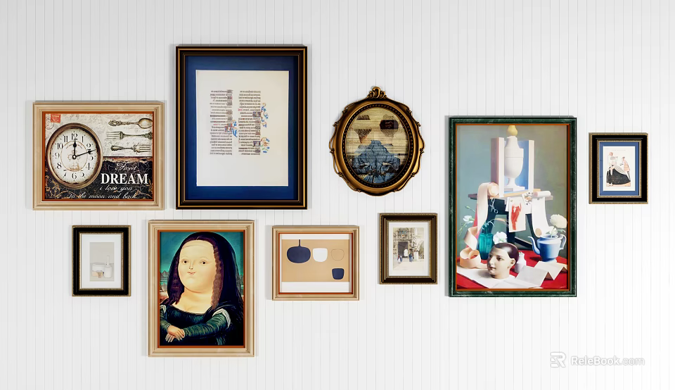 Stylish Gallery Wall with Diverse Framed Artworks on White Striped Wall 3d model 