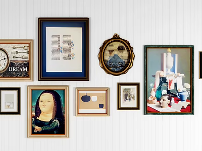 Stylish Gallery Wall with Diverse Framed Artworks on White Striped Wall 3d model