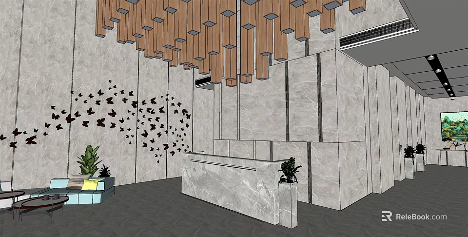 Hotel Lobby with Wooden Ceiling Marble Reception Counter Black Butterfly Wall Art and Potted Plants 3d model 