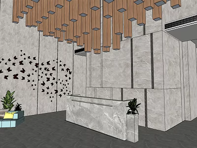 Hotel Lobby with Wooden Ceiling Marble Reception Counter Black Butterfly Wall Art and Potted Plants 3d model