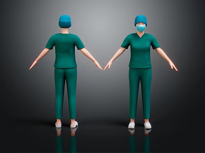 Women In Green Scrubs With Blue Caps Face Masks Front Back Views On Dark Background 3d model