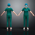 Women In Green Scrubs With Blue Caps Face Masks Front Back Views On Dark Background