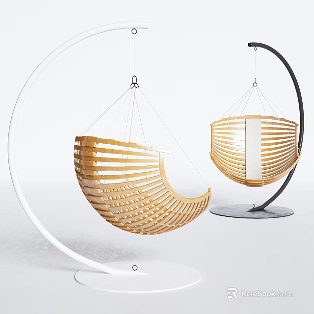 Modern Wooden Hanging Chairs With Slatted Design And White Black Stands 3d model 