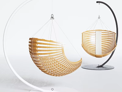 Modern Wooden Hanging Chairs With Slatted Design And White Black Stands 3d model