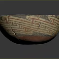 Ancient Ceramic Bowl Sculpture With Cracked Orange Interior And Decorative Patterns