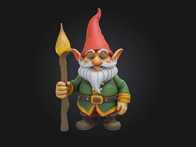 Whimsical Garden Gnome With Red Pointed Hat White Beard Green Coat And Torch 3d model