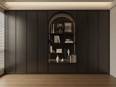 Modern Black Built-in Bookcase With Arched Niche And Decorative Books Vase 3d model
