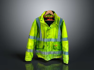 High Visibility Yellow Safety Jacket With Reflective Strips And Front Pockets On Wooden Hanger 3d model