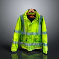 High Visibility Yellow Safety Jacket With Reflective Strips And Front Pockets On Wooden Hanger