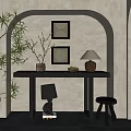 Elegant Console Table With Decorative Wall Art Potted Branches Table Lamps And Stool