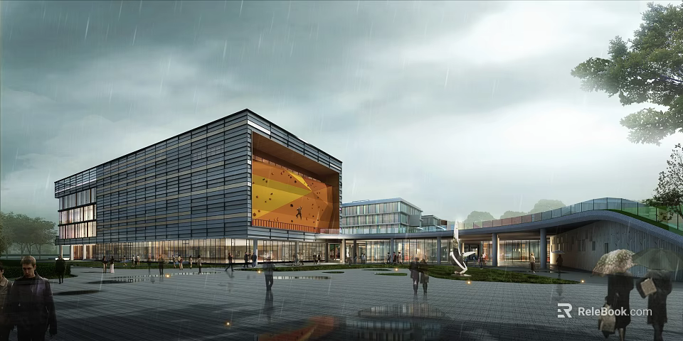 Modern Commercial Street With Glass Buildings And Pedestrians 3d model 