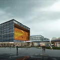 Modern Commercial Street With Glass Buildings And Pedestrians