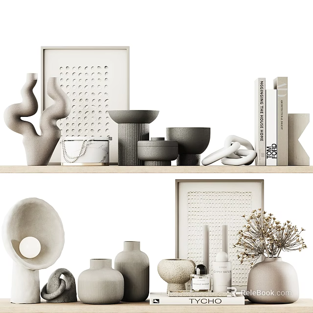 Minimalist Decorative Ornament Set With Ceramic Vases Sculptures Framed Art Books And Bowl 3d model 