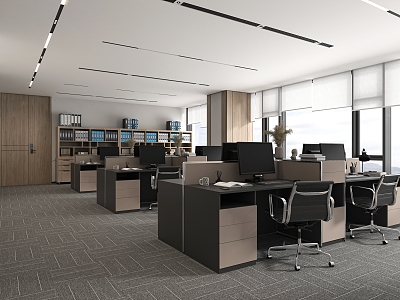 Office desks and chairs in public office area 3d model