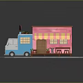 Colorful Food Truck Featuring Pink Blue Body Striped Awning Fresh Food Sign And Tables Chairs