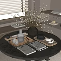 Decorative Ornament Set With Wooden Trays Vase Books And Glass Cups On Round Table