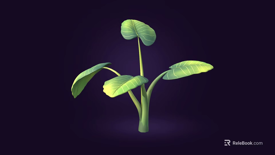 Cartoon Style Green Plant Illustration With Large Vibrant Leaves On Dark Background 3d model 