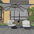 Comfortable Outdoor Sofa with Umbrella and Two Chairs on Stone Patio with Green Plants