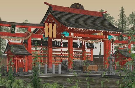 Japanese-style blessing water well pavilion porch ancient building pavilion 3d model