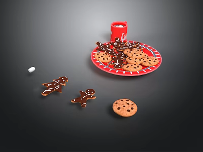 Delicious Chocolate Chip Cookies And Gingerbread Men On Red Plate With Red Cup 3d model
