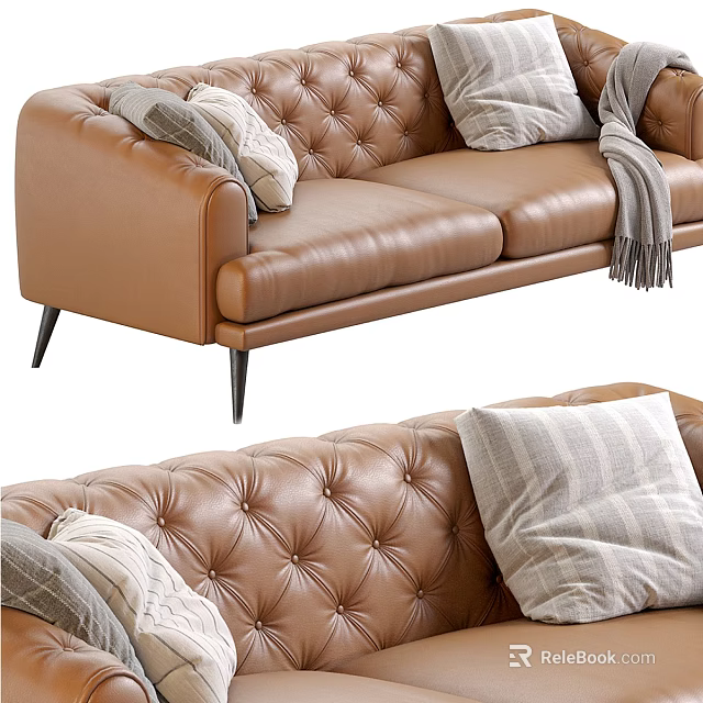 Brown Leather Sectional Sofa With Tufted Design Plush Pillows And Soft Blanket 3d model