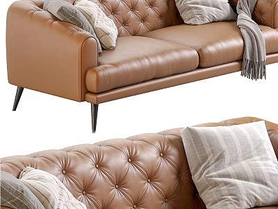 Brown Leather Sectional Sofa With Tufted Design Plush Pillows And Soft Blanket 3d model