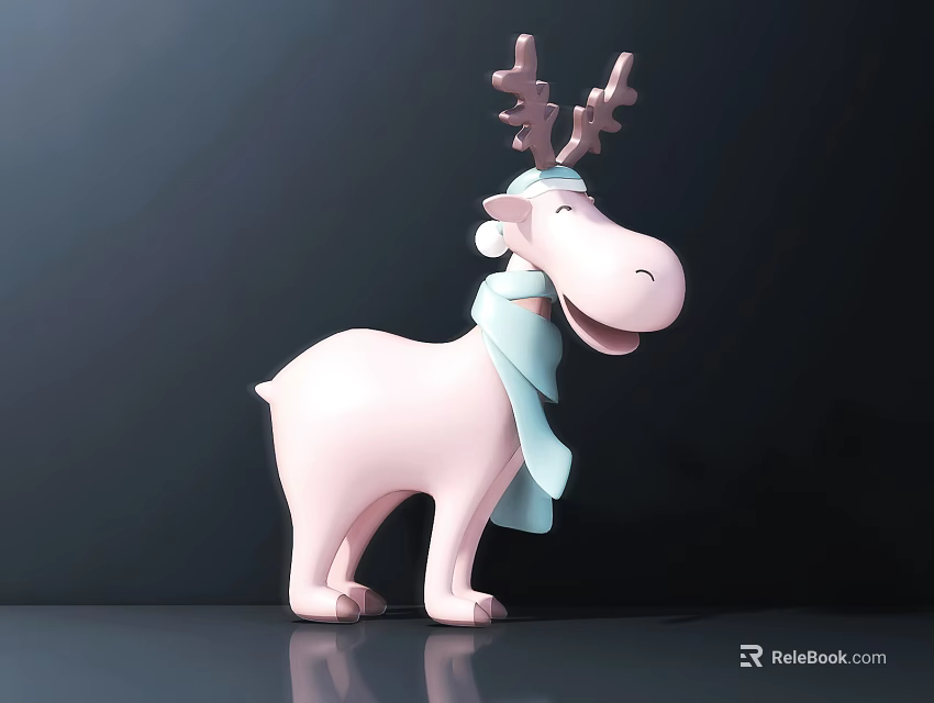 Cute Pink Reindeer Doll with Antlers and Light Blue Scarf Standing on Dark Surface 3d model 