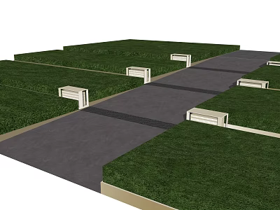 Neatly Arranged Tree Planters Along Gray Pathway In Green Lawn Area 3d model