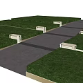 Neatly Arranged Tree Planters Along Gray Pathway In Green Lawn Area