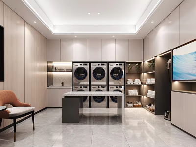 Modern Laundry Room Interior With Washing Machines Dryers Storage Cabinets And TV 3d model