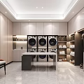Modern Laundry Room Interior With Washing Machines Dryers Storage Cabinets And TV