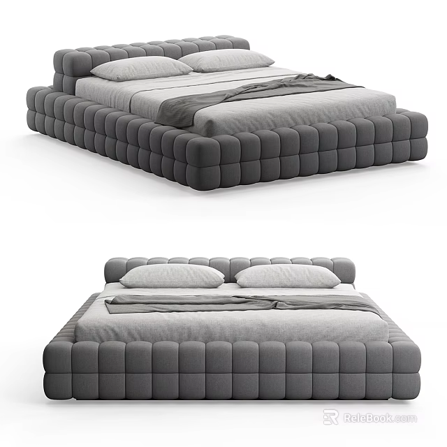Modern Gray Double Bed with Block Design Soft Pillows and Cozy Blanket 3d model