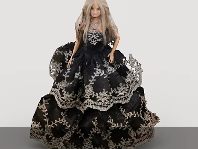 Delicate Doll With Long Blonde Hair In Black Lace Decorated Gown 3d model