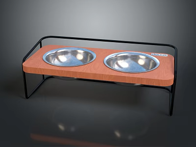 Practical Pet Feeding Station With Two Stainless Steel Bowls Wooden Tray And Black Metal Stand 3d model