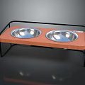 Practical Pet Feeding Station With Two Stainless Steel Bowls Wooden Tray And Black Metal Stand