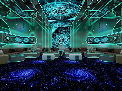Modern KTV Room Interior With Starry Ceiling Blue Green Lighting And Comfortable Sofas 3d model