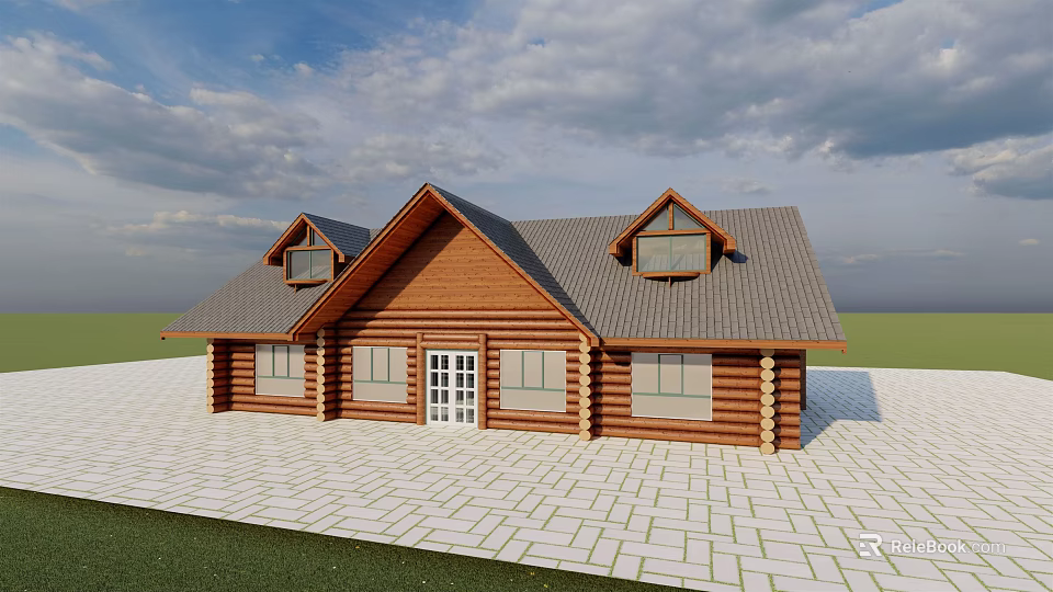 Log Cabin Exterior With Gray Roof Brown Wooden Walls White Door And Dormer Windows 3d model 