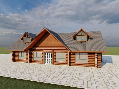 Log Cabin Exterior With Gray Roof Brown Wooden Walls White Door And Dormer Windows 3d model