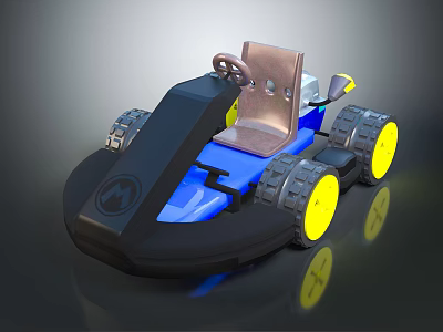 Blue And Black Go Kart With Yellow Wheels Steering Wheel And Brown Seat 3d model