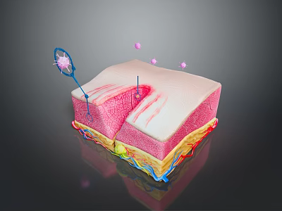 Detailed 3D Model of Human Skin Structure Showing Layers and Pink Particles 3d model