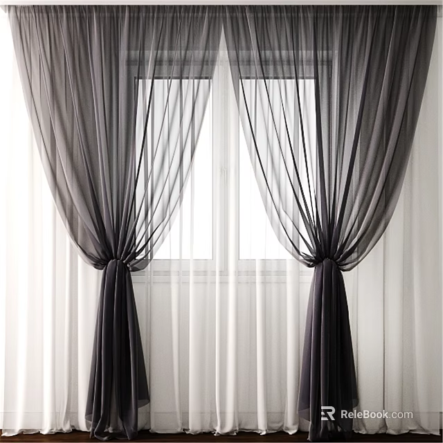 Black And White Sheer Curtains With Draped Design For Elegant Window Home Interior 3d model 