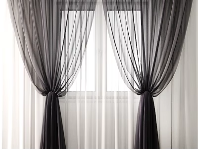 Black And White Sheer Curtains With Draped Design For Elegant Window Home Interior 3d model