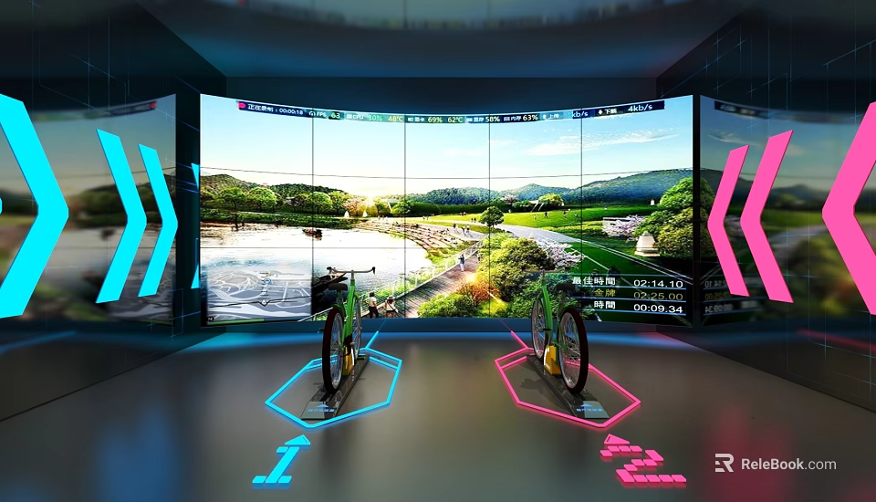 Virtual Cycling Studio With Curved Screen Outdoor Scenery Two Bikes And Glowing Floor Arrows 3d model 